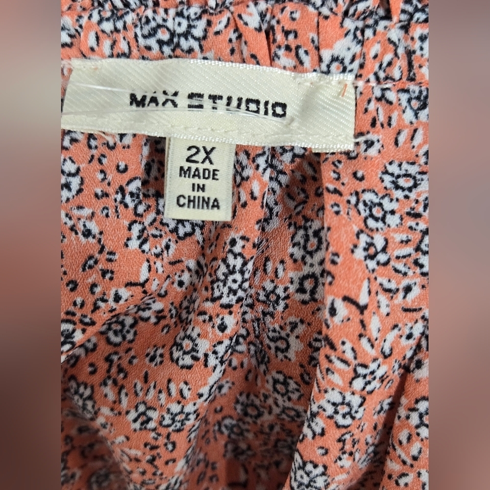 Max Studio 2X Top Lightweight V Neck Ruffled Trim & Sleeve Orange Floral Flowy - Picture 6 of 7